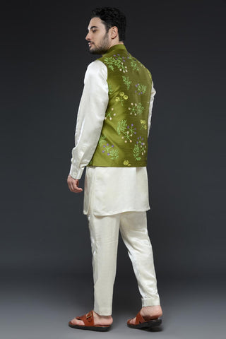 Mehendi green linen tissue vest with ivory kurta and slim pant