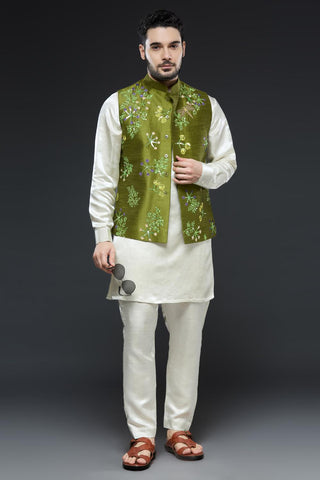 Mehendi green linen tissue vest with ivory kurta and slim pant