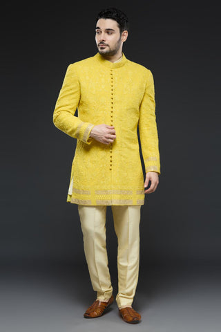 Mustard lucknowi thread work sherwani jacket with ivory kurta and slim pant set