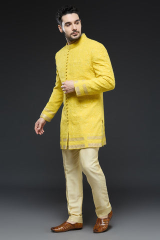 Mustard lucknowi thread work sherwani jacket with ivory kurta and slim pant set