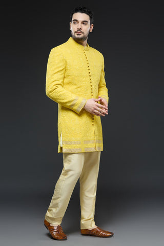 Mustard lucknowi thread work sherwani jacket with ivory kurta and slim pant set