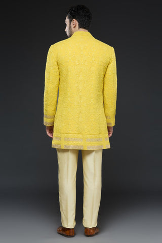 Mustard lucknowi thread work sherwani jacket with ivory kurta and slim pant set