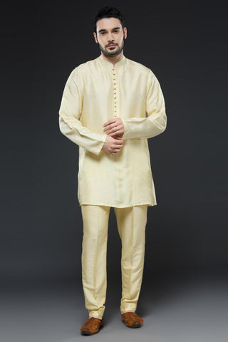 Mustard lucknowi thread work sherwani jacket with ivory kurta and slim pant set