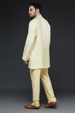 Mustard lucknowi thread work sherwani jacket with ivory kurta and slim pant set