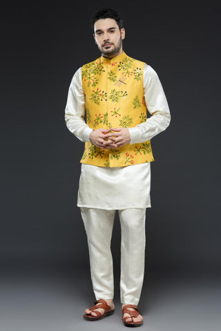 Yellow linen tissue vest with ivory kurta and slim pant