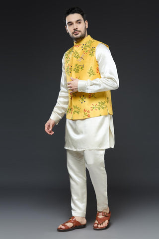 Yellow linen tissue vest with ivory kurta and slim pant