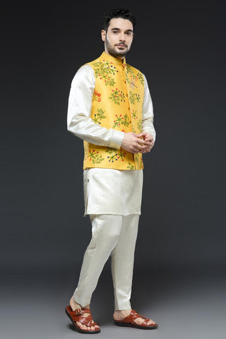 Yellow linen tissue vest with ivory kurta and slim pant