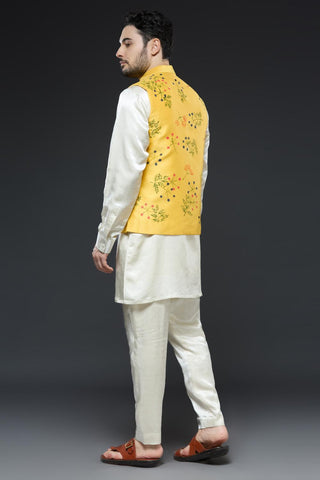 Yellow linen tissue vest with ivory kurta and slim pant