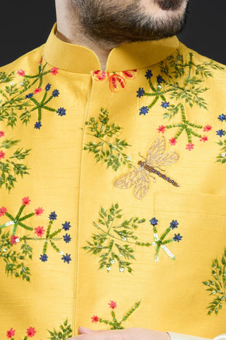 Yellow linen tissue vest with ivory kurta and slim pant