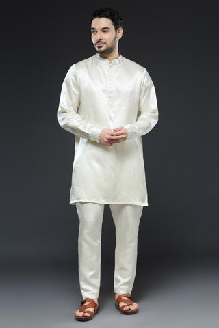 Yellow linen tissue vest with ivory kurta and slim pant