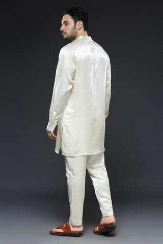 Yellow linen tissue vest with ivory kurta and slim pant