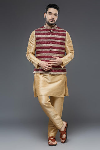 Wine vest with beige raw silk kurta and slim pant set