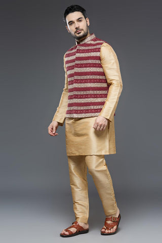 Wine vest with beige raw silk kurta and slim pant set