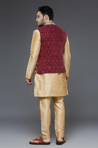 Wine vest with beige raw silk kurta and slim pant set