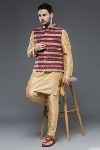 Wine vest with beige raw silk kurta and slim pant set