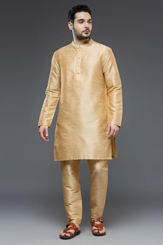 Wine vest with beige raw silk kurta and slim pant set