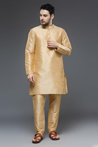 Wine vest with beige raw silk kurta and slim pant set