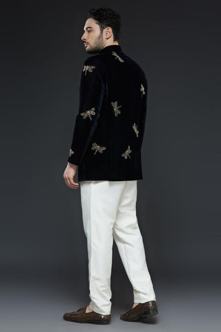 Midnight blue velvet jodhpur jacket with dragonfly embroidery and ivory pant set