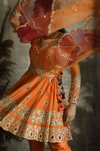 Orange short anarkali suit set