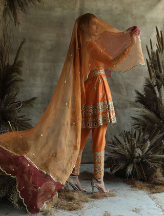 Orange short anarkali suit set