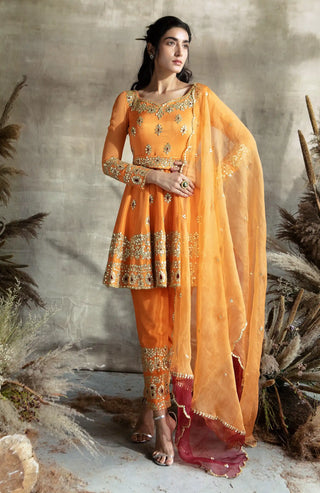 Orange short anarkali suit set