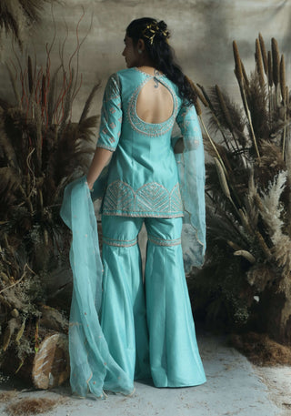 Dark turquoise short tunic and garara set