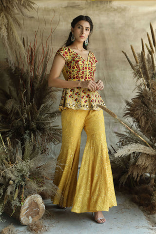 Yellow peplum shirt and lakhnavi garara