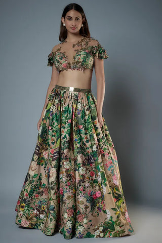 Beige printed patchwork blouse with lehenga