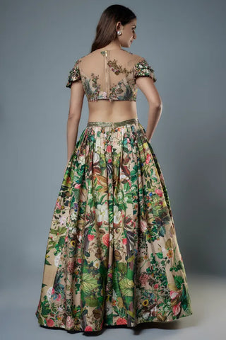 Beige printed patchwork blouse with lehenga