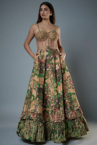 Multicolor botanical printed raw silk gown with brocade bodice