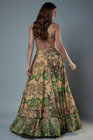 Multicolor botanical printed raw silk gown with brocade bodice