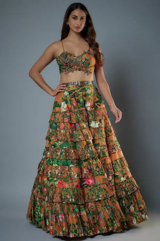 Orange printed embroidered bustier with printed lehenga