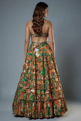 Orange printed embroidered bustier with printed lehenga