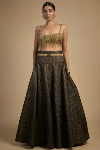 Gold chains with moti blouse and lehenga