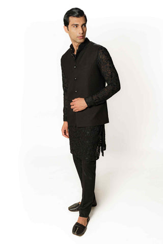 Black resham kurta and bandi set