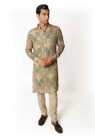 Green multicolor bandhini kurta and pants