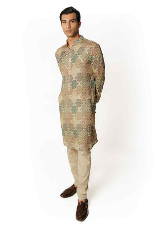 Green multicolor bandhini kurta and pants