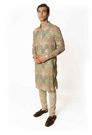 Green multicolor bandhini kurta and pants