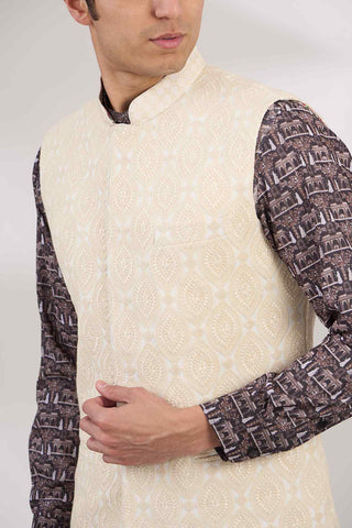 Ivory bandi with black printed kurta set