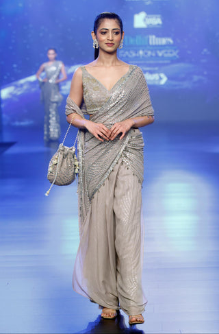 Silver gray stitched saree set