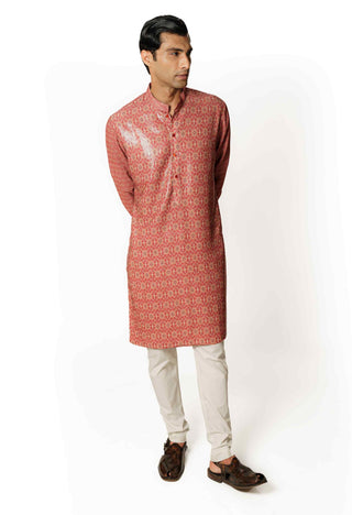 Red printed sequins kurta and pants