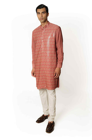 Red printed sequins kurta and pants