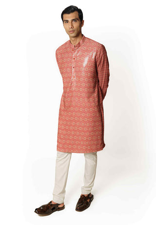 Red printed sequins kurta and pants