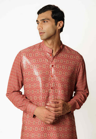 Red printed sequins kurta and pants