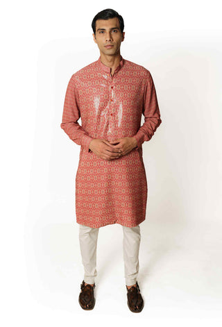 Red printed sequins kurta and pants