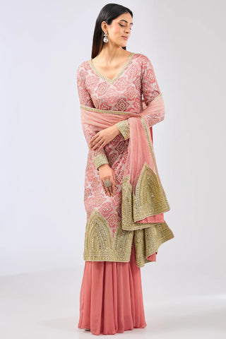 Pink multicolor bandhini kurta with palazzo and dupatta