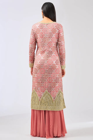 Pink multicolor bandhini kurta with palazzo and dupatta