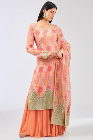 Orange multicolor bandhaini kurta with palazzo and dupatta