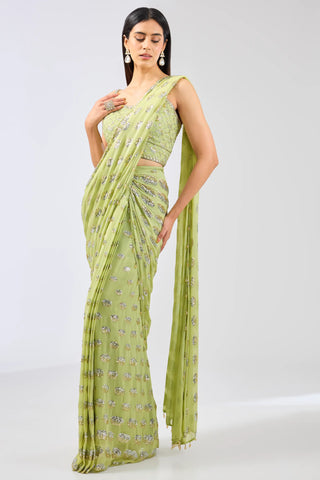 Green sequins burst stitched saree set