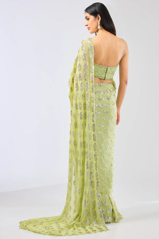 Green sequins burst stitched saree set